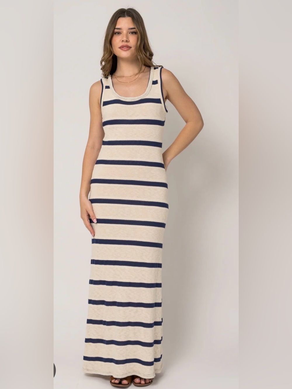 GILLI Knit Dress Ivory Navy Blue Stripe Lined Tank Top Maxi Dress Size Large